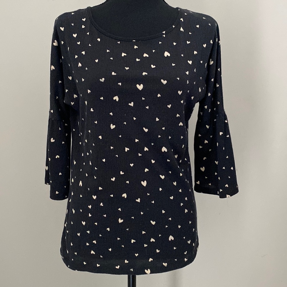 LC Lauren Conrad Womens Gray White Heart Print Back Tie Bell Sleeve Top XS